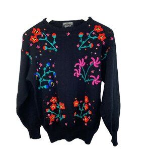 Vintage Sweater Womens Size Medium Black Pullover Embroidered Floral Long Sleeve